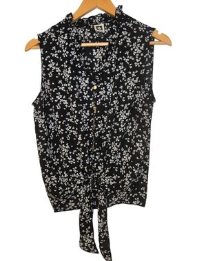 Y2K Anne Klein Floral Tie Front Blouse Ruffle Neck Sleeveless Top Small